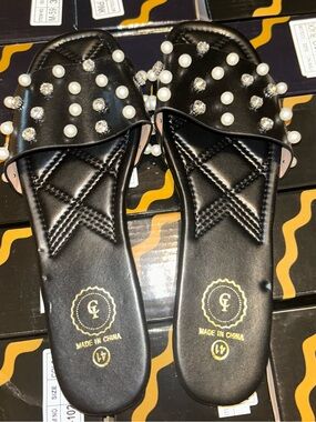 Pearl & Rhinestone Embellished Black Slide Sandals